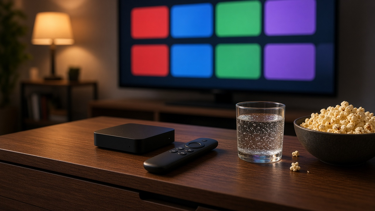 Streaming stick and voice remote on a wooden media console in front of a TV showing a grid of colorful app tiles