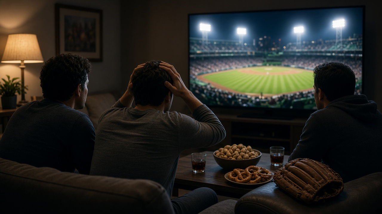 Friends in a living room reacting to a tense baseball moment on a big TV showing a blurred ballpark at night